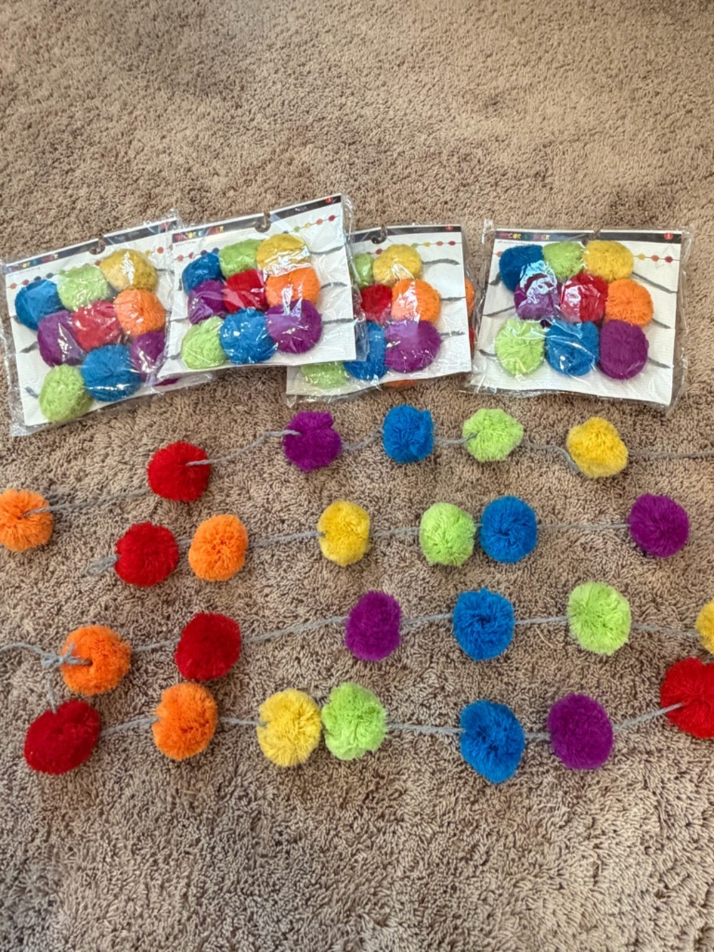 New set of 6 strands of multi color rainbow pom pom garland decoration party